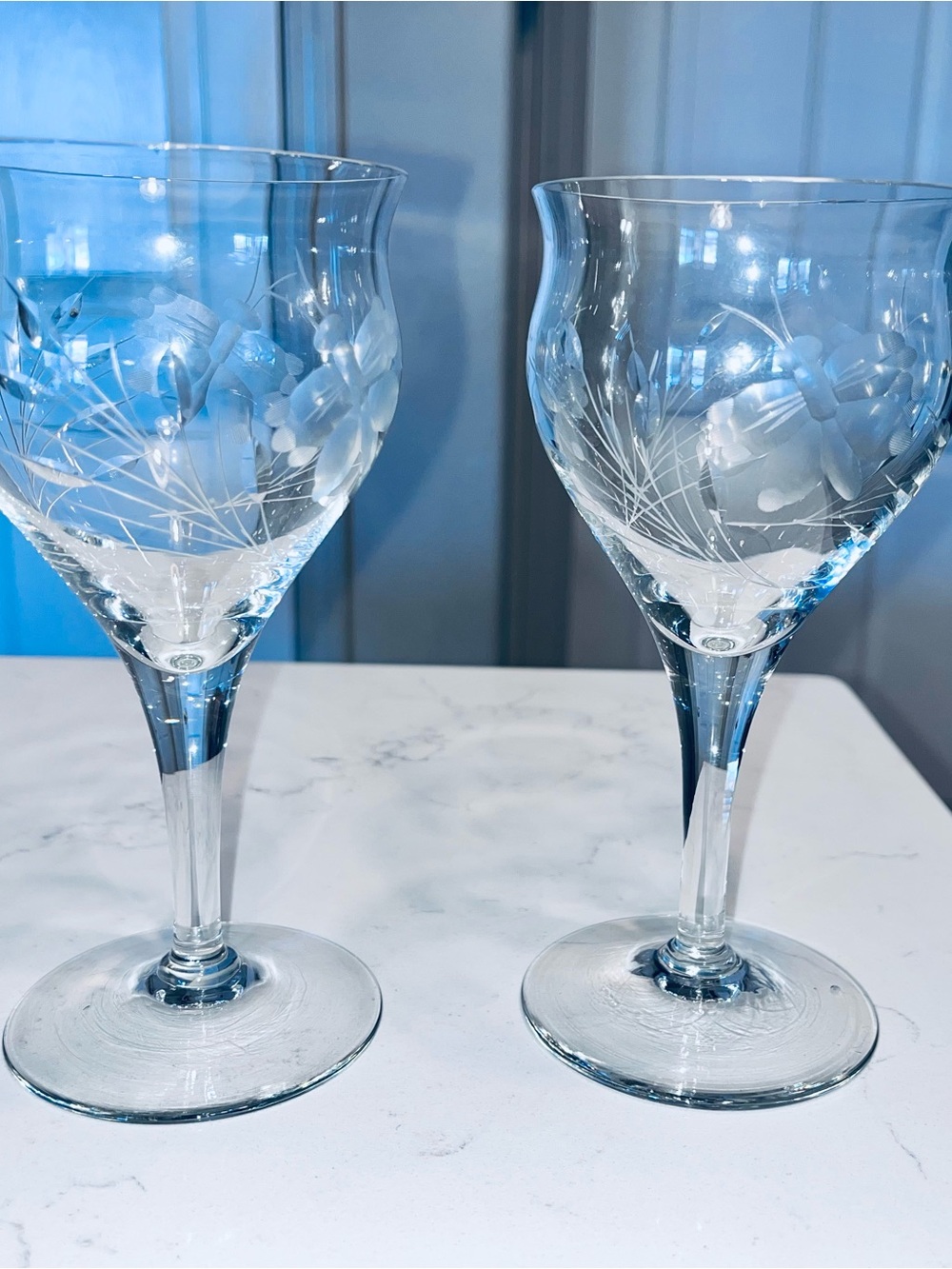 Vintage Etched Crystal Wine Glasses Mid Century Set of 2 Floral & Butterfly